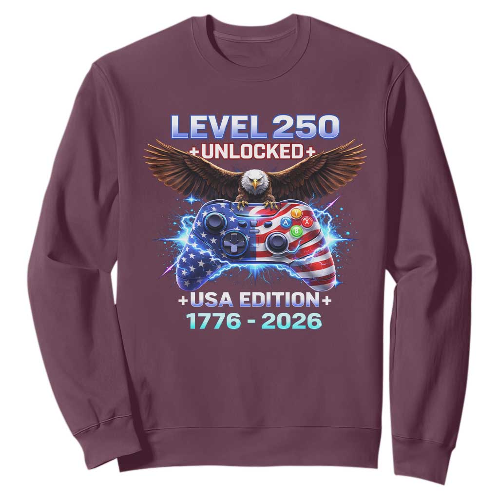 USA 250th Anniversary Gamer Sweatshirt Level 250 USA Edition 1776 2026 Bald Eagle TS11 Maroon Print Your Wear