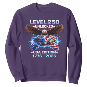 USA 250th Anniversary Gamer Sweatshirt Level 250 USA Edition 1776 2026 Bald Eagle TS11 Purple Print Your Wear