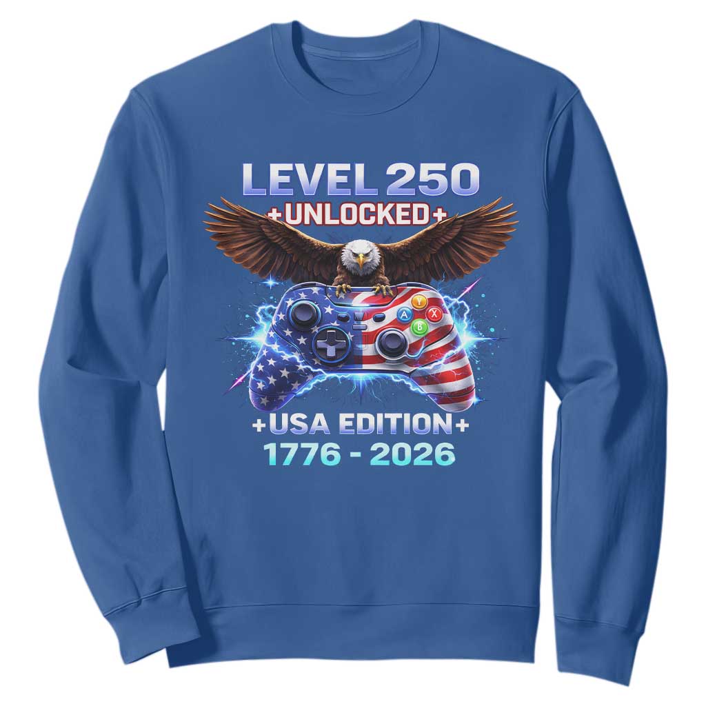 USA 250th Anniversary Gamer Sweatshirt Level 250 USA Edition 1776 2026 Bald Eagle TS11 Royal Blue Print Your Wear