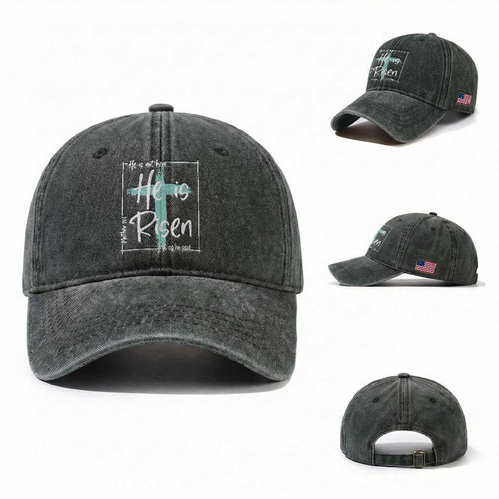 Easter He Is Risen Washed Cotton Baseball Cap He Is Not Here Christian Cross TS11 Washed Cap Universal Fit Dark Green Print Your Wear