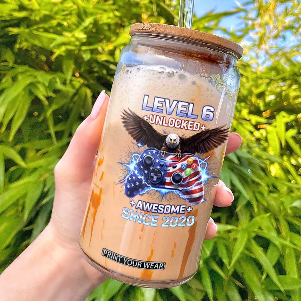 Funny 6th Birthday Glass Can Level 6 Unlocked Awesome Since 2020 USA Gamer TS11 Black Print Your Wear