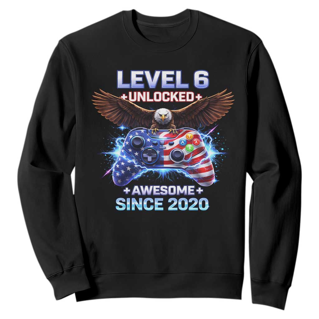 Funny 6th Birthday Sweatshirt Level 6 Unlocked Awesome Since 2020 USA Gamer TS11 Black Print Your Wear