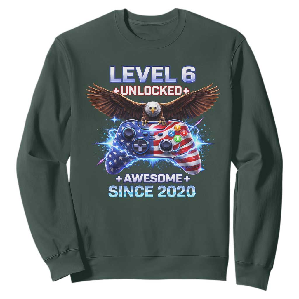 Funny 6th Birthday Sweatshirt Level 6 Unlocked Awesome Since 2020 USA Gamer TS11 Dark Forest Green Print Your Wear