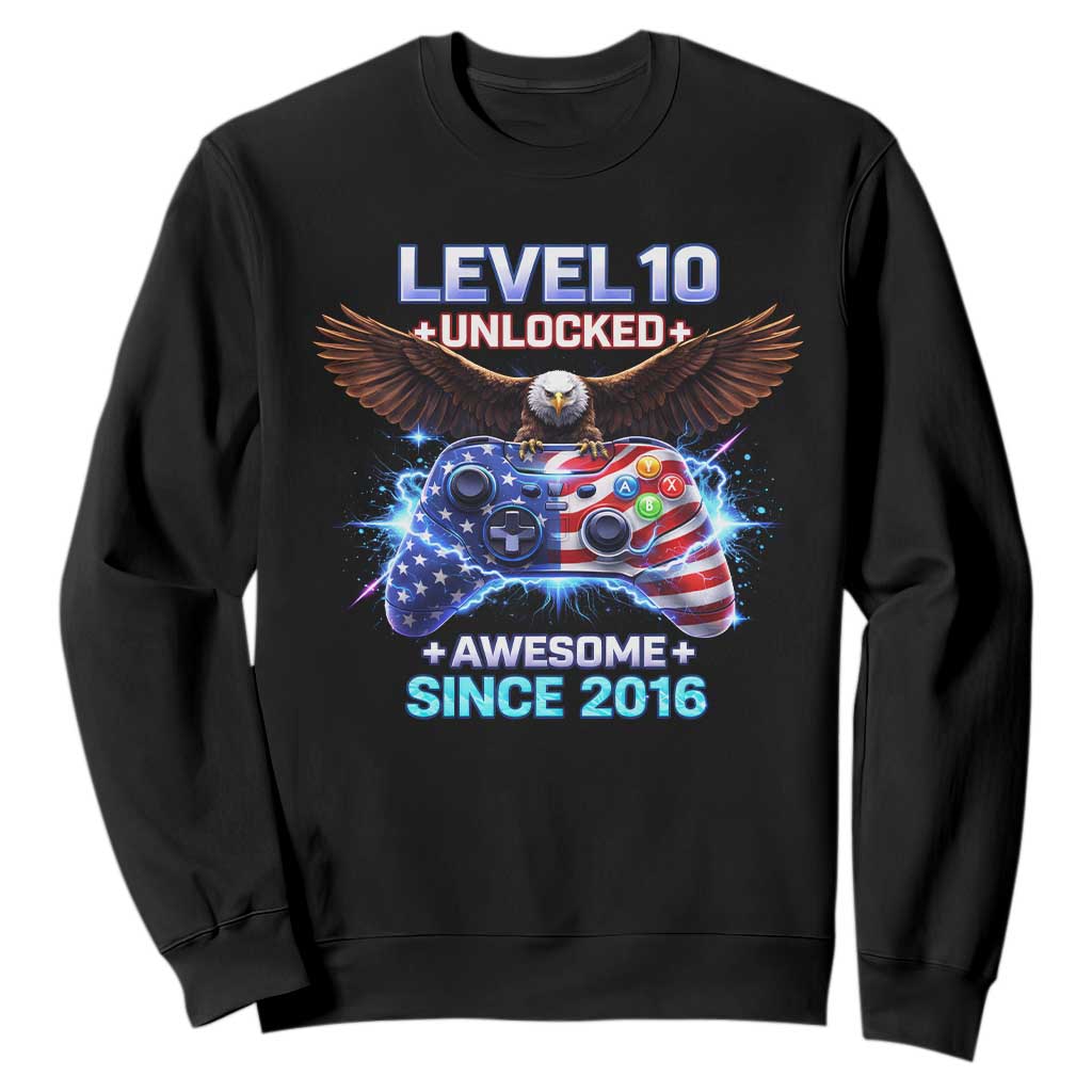 Funny 10th Birthday Sweatshirt Level 10 Unlocked Awesome Since 2016 USA Gamer TS11 Black Print Your Wear