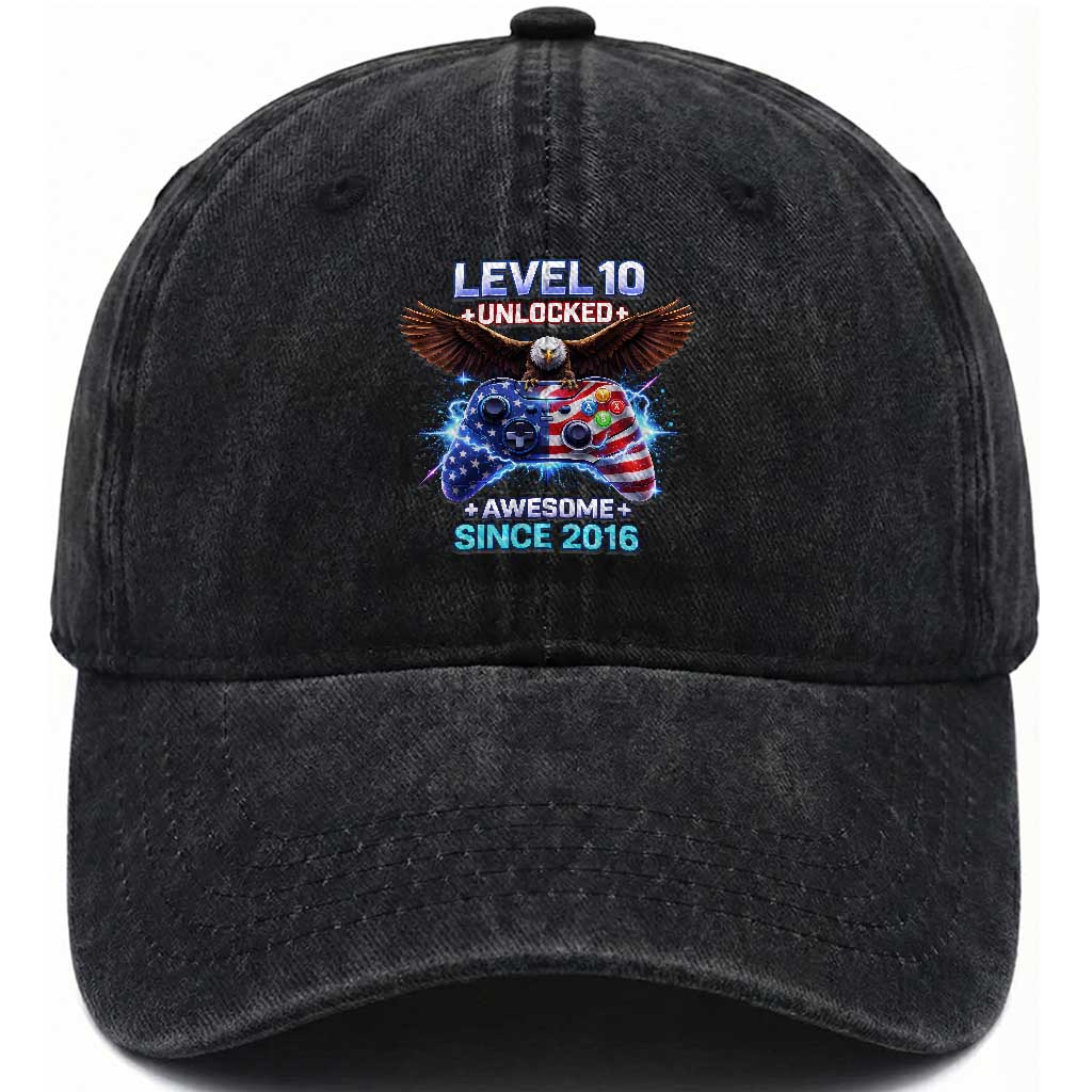Funny 10th Birthday Washed Cotton Baseball Cap Level 10 Unlocked Awesome Since 2016 USA Gamer TS11 Print Your Wear