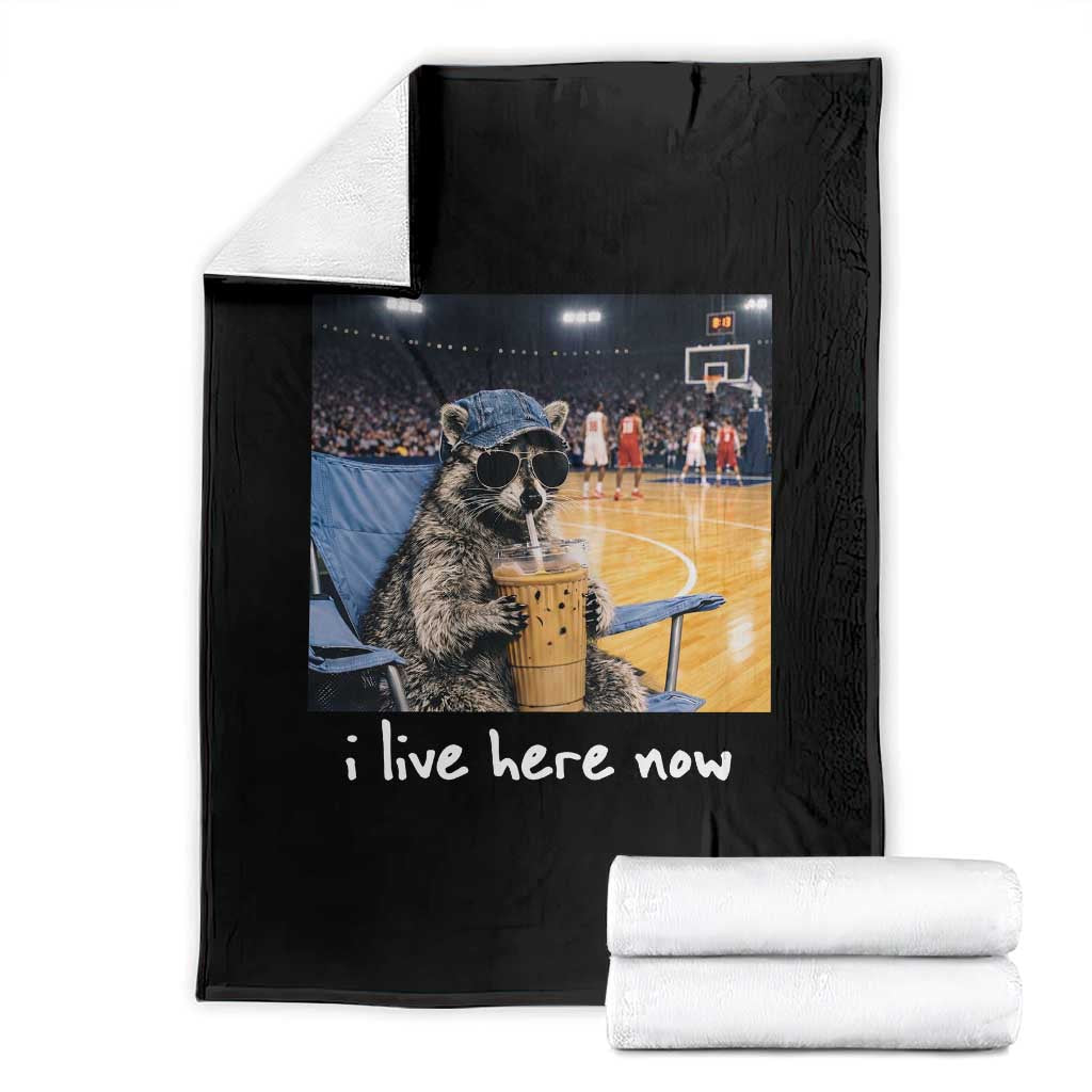 Basketball Raccoon I Live Here Now Throw Blanket Funny Trash Panda Drinking Iced Coffee Basketball Court TS11 Black Print Your Wear