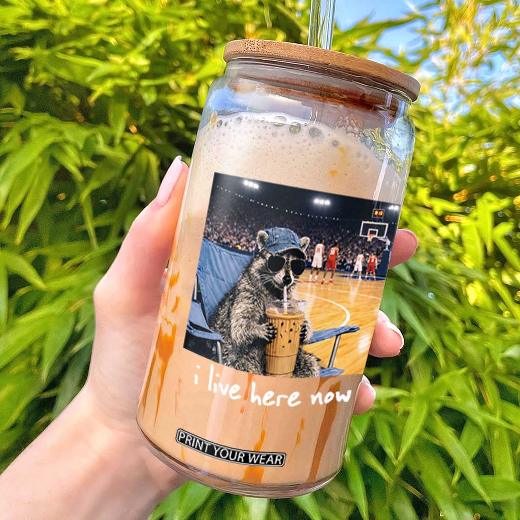 Basketball Raccoon I Live Here Now Glass Can Funny Trash Panda Drinking Iced Coffee Basketball Court TS11 Black Print Your Wear