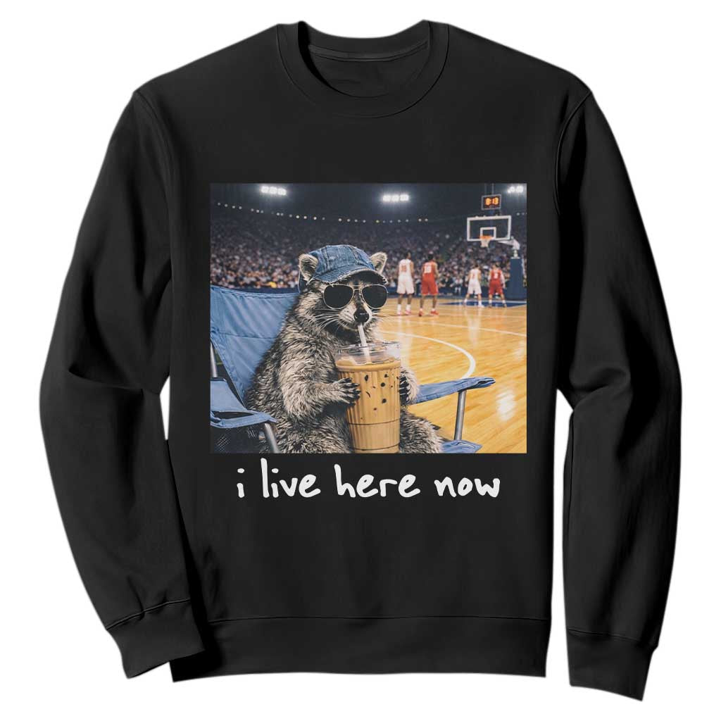 Basketball Raccoon I Live Here Now Sweatshirt Funny Trash Panda Drinking Iced Coffee Basketball Court TS11 Black Print Your Wear