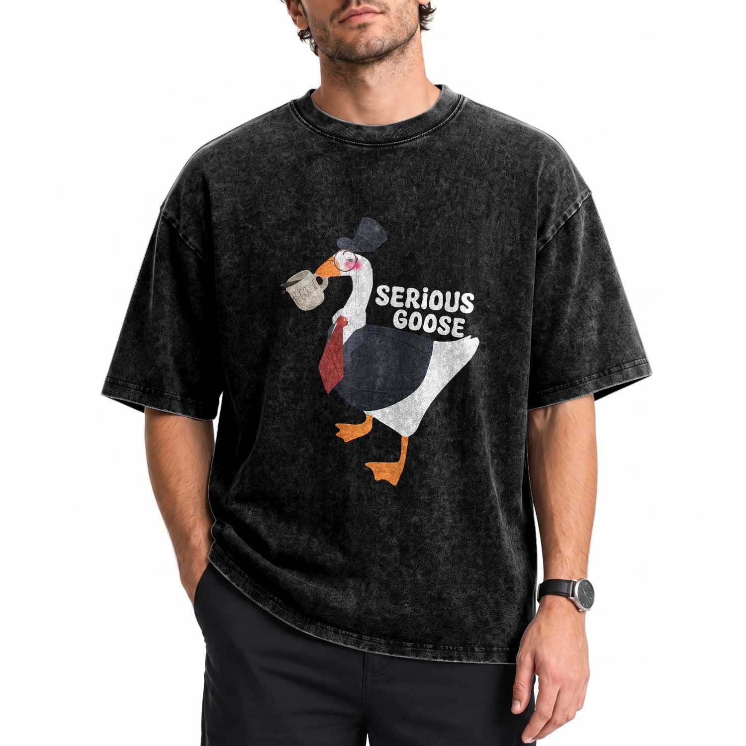 Serious Goose Washed Cotton T-Shirt Funny Office Tuxedo Animal Meme