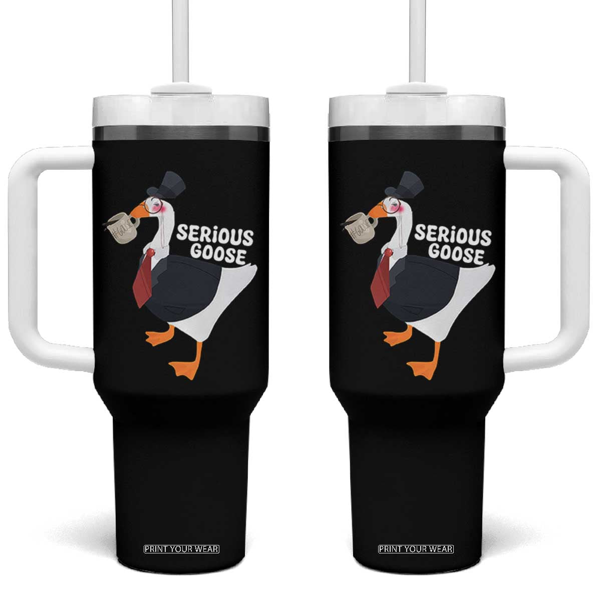 Serious Goose Tumbler With Handle Funny Office Tuxedo Animal Meme