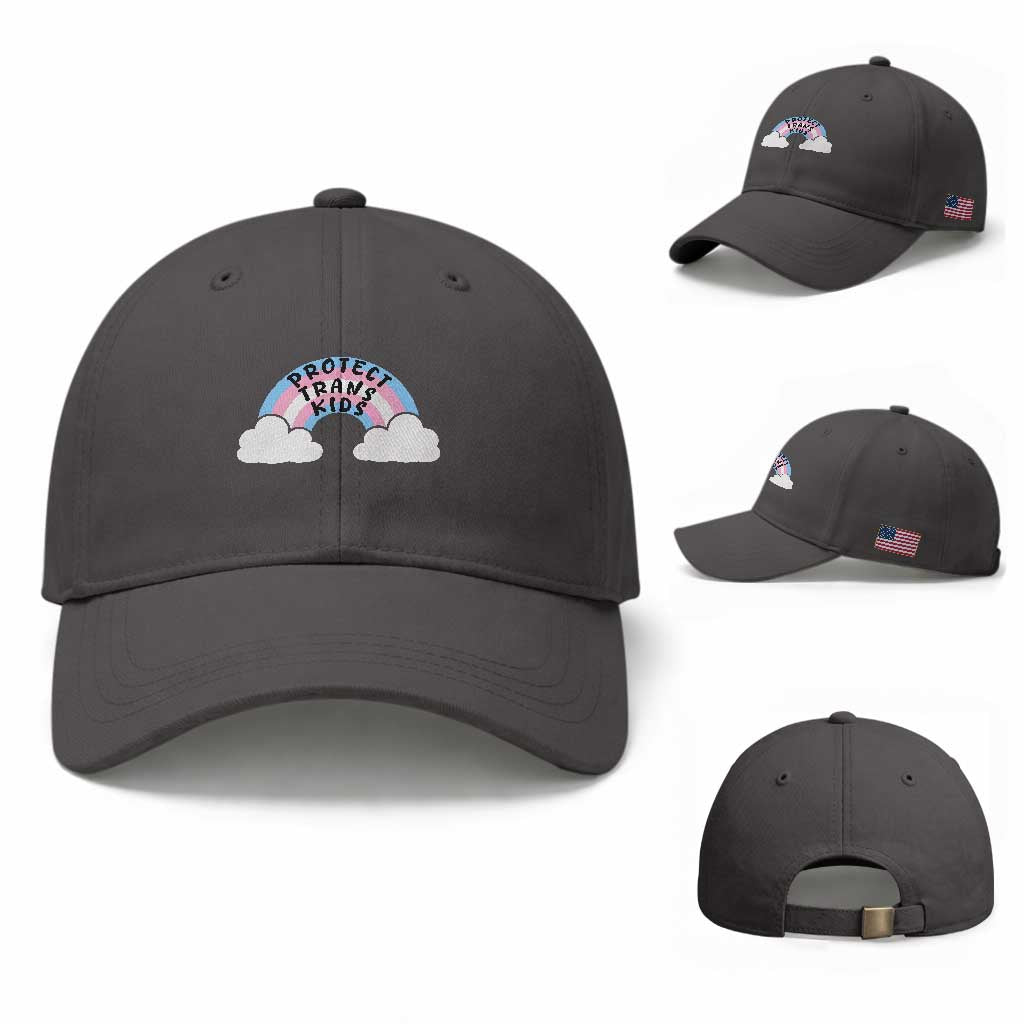 Funny Protect Trans Kids Baseball Cap LGBT Pride Rainbow TS11 Baseball Cap Universal Fit Dark Gray Print Your Wear