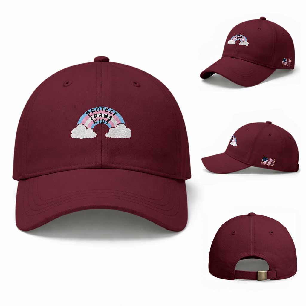 Funny Protect Trans Kids Baseball Cap LGBT Pride Rainbow TS11 Baseball Cap Universal Fit Maroon Print Your Wear