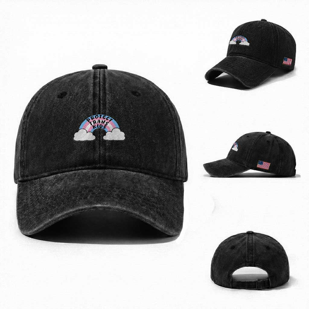 Funny Protect Trans Kids Washed Cotton Baseball Cap LGBT Pride Rainbow TS11 Washed Cap Universal Fit Black Print Your Wear