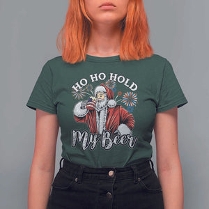 Christmas In July T Shirt For Women Ho Ho Hold My Beer Summer Santa USA Flag 4th Of July TS11 Dark Forest Green Print Your Wear