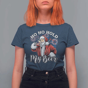 Christmas In July T Shirt For Women Ho Ho Hold My Beer Summer Santa USA Flag 4th Of July TS11 Navy Print Your Wear