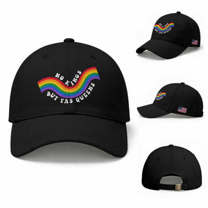 No Kings But Yas Queens LGBTQ Pride Retro Rainbow Baseball Cap TS11 Baseball Cap Universal Fit Black Print Your Wear