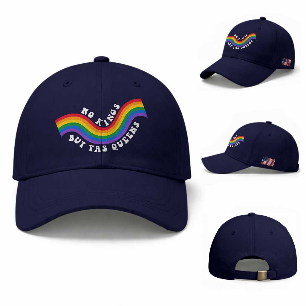 No Kings But Yas Queens LGBTQ Pride Retro Rainbow Baseball Cap TS11 Baseball Cap Universal Fit Dark Blue Print Your Wear