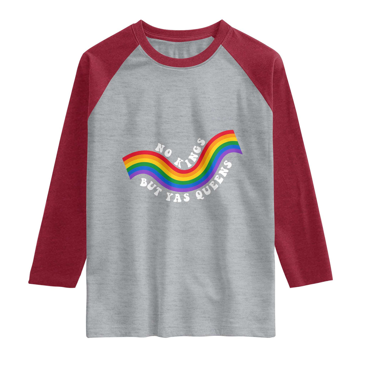 No Kings But Yas Queens LGBTQ Pride Retro Rainbow Raglan Shirt TS11 Heather Gray Heather Red Print Your Wear