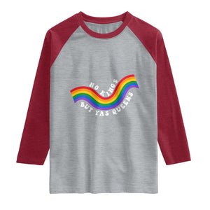No Kings But Yas Queens LGBTQ Pride Retro Rainbow Raglan Shirt TS11 Heather Gray Heather Red Print Your Wear