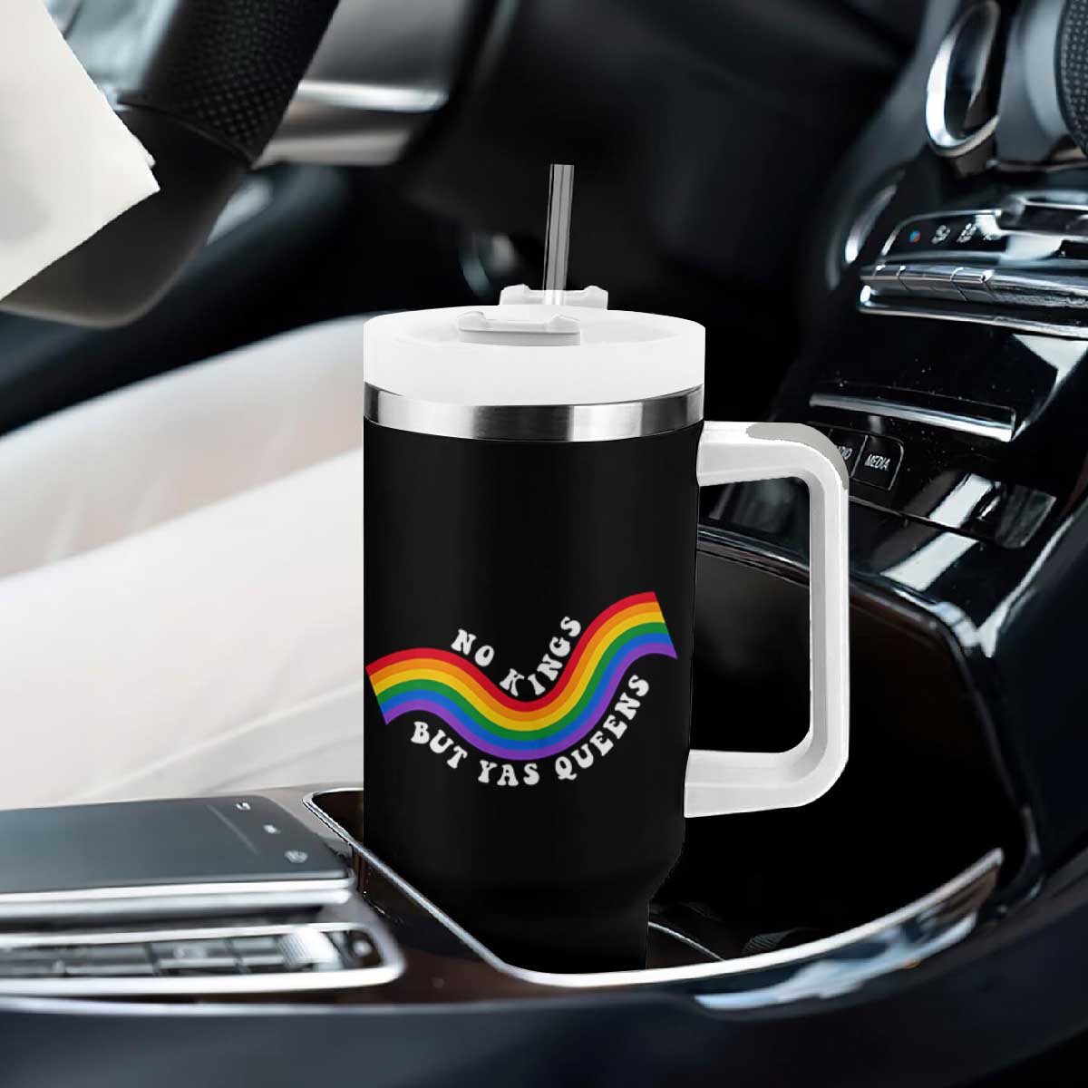 No Kings But Yas Queens LGBTQ Pride Retro Rainbow Tumbler With Handle TS11 Print Your Wear