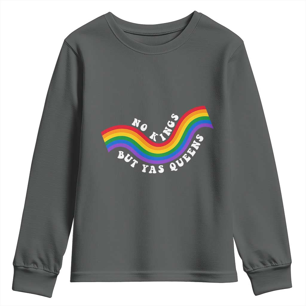 No Kings But Yas Queens LGBTQ Pride Retro Rainbow Youth Sweatshirt TS11 Dark Heather Print Your Wear