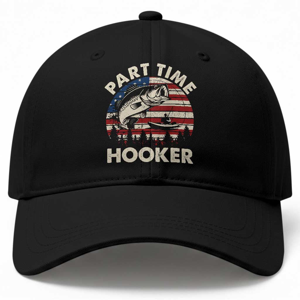 Part Time Hooker Funny Fishing Baseball Cap Fisherman Vintage American Flag