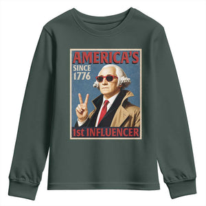 George Washington America's 1st Influencer Youth Sweatshirt Funny Founding Father USA TS11 Dark Forest Green Print Your Wear