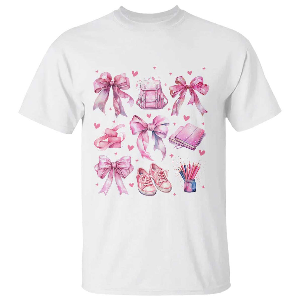 Coquette School T Shirt Pink Bow Heart Backpack Note Tape Pencil TS11 White Print Your Wear