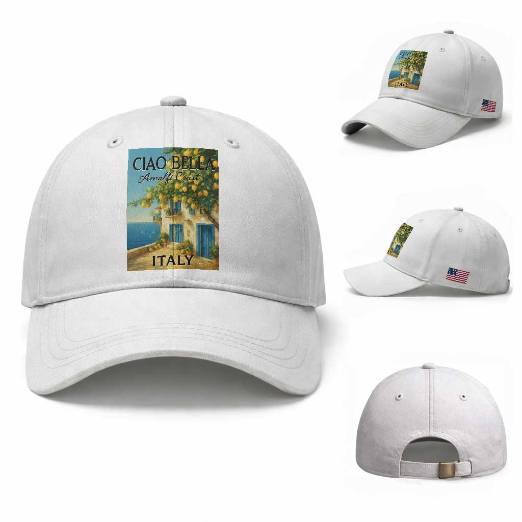 Italian Summer Amalfi Coast Baseball Cap Ciao Bella Italy Lemon TS11 Baseball Cap Universal Fit White Print Your Wear