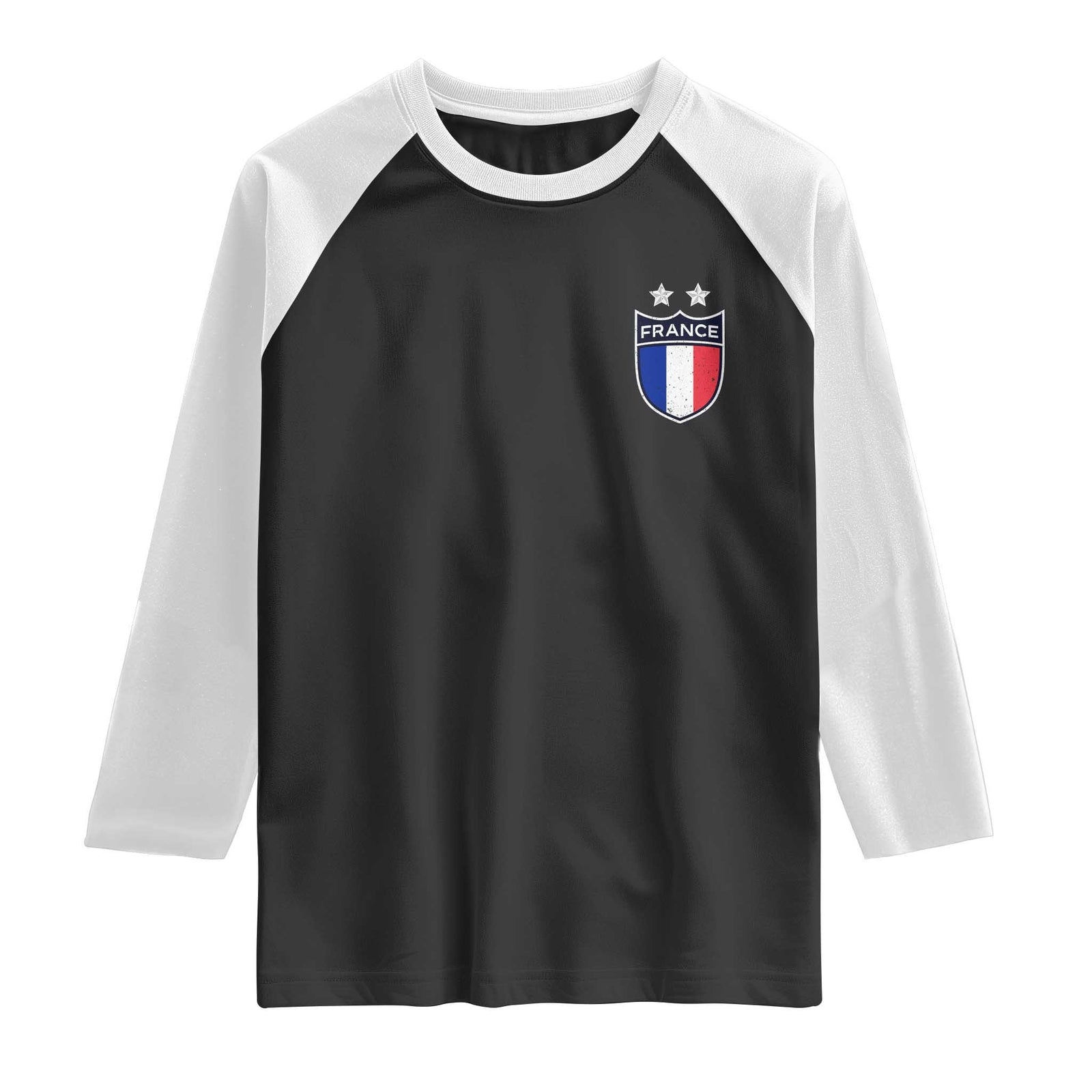 Vintage France Football Crest Two Stars French Flag Raglan Shirt TS11 Black White Print Your Wear