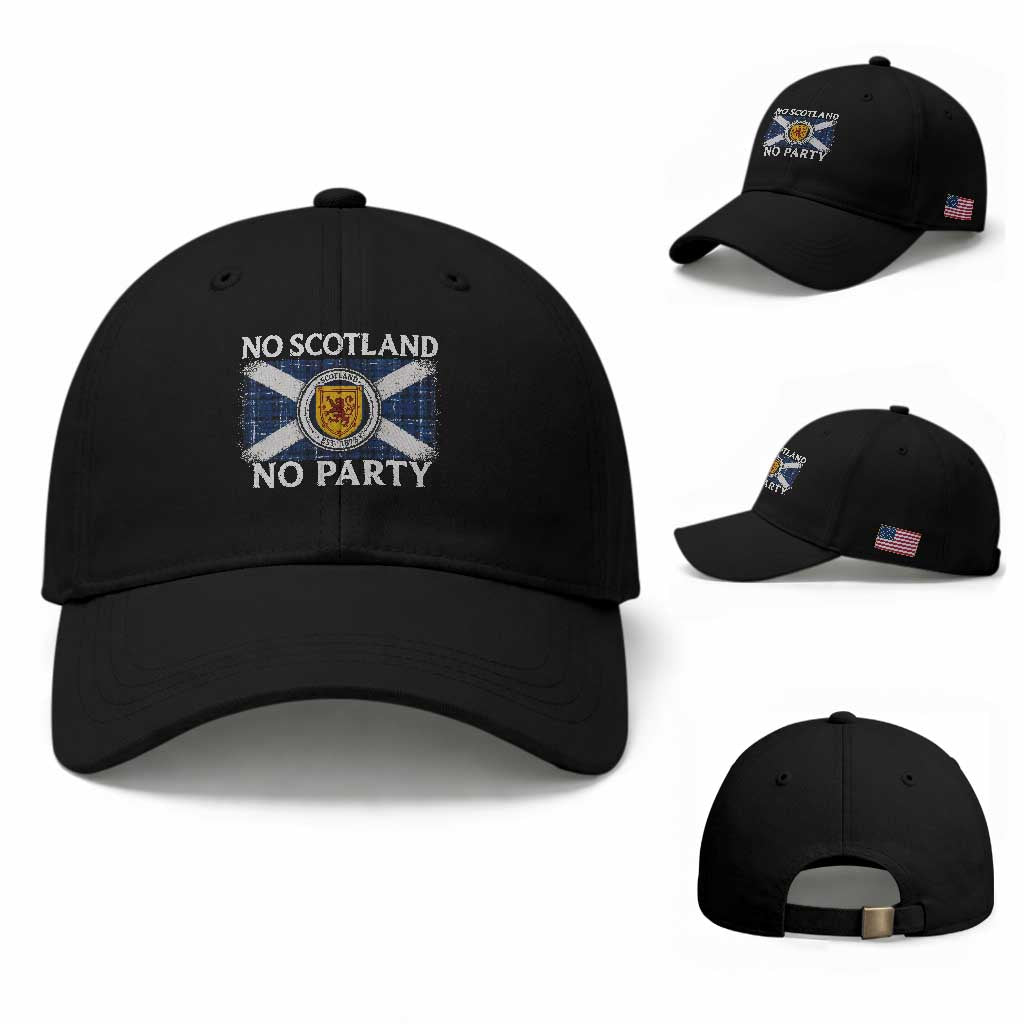 No Scotland No Party Baseball Cap Lion Rampant Crest Scottish Tartan Flag TS11 Baseball Cap Universal Fit Black Print Your Wear