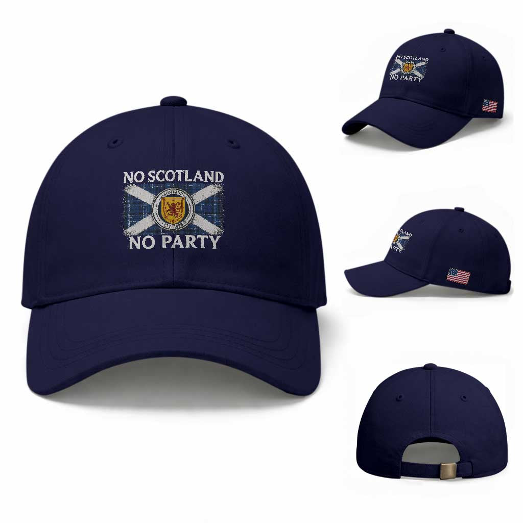 No Scotland No Party Baseball Cap Lion Rampant Crest Scottish Tartan Flag TS11 Baseball Cap Universal Fit Dark Blue Print Your Wear
