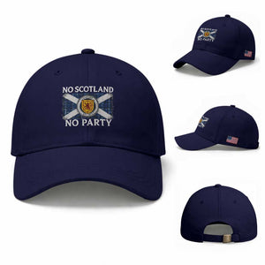 No Scotland No Party Baseball Cap Lion Rampant Crest Scottish Tartan Flag TS11 Baseball Cap Universal Fit Dark Blue Print Your Wear