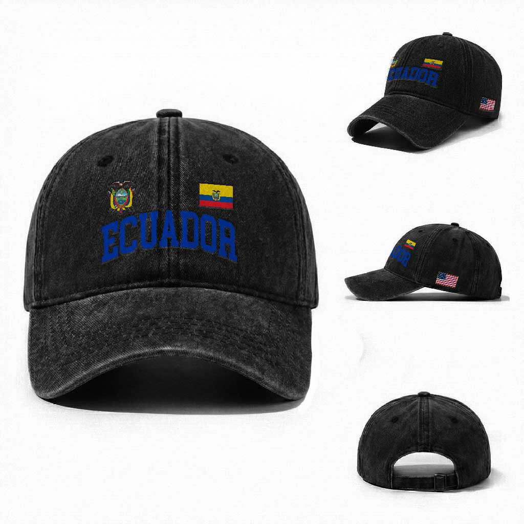 Ecuador Vintage Throwback Soccer Jersey Style Washed Cotton Baseball Cap Ecuadorian Hispanic Heritage TS11 Washed Cap Universal Fit Black Print Your Wear