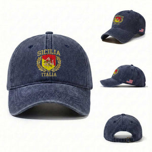 Sicilia Flag Sicily Palermo Italy Triskelion Washed Cotton Baseball Cap TS11 Washed Cap Universal Fit Navy Print Your Wear