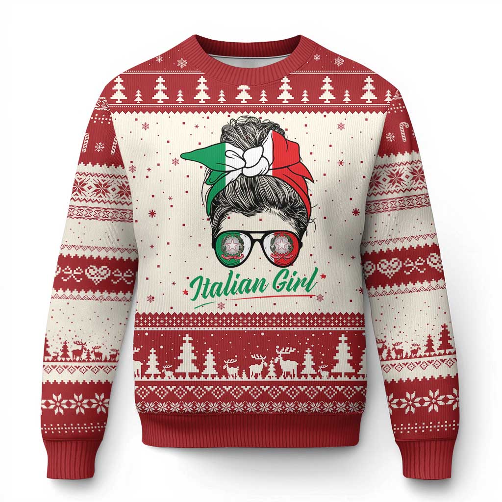Proud Italian Girl Patriotic Italy Flag Messy Bun Ugly Christmas Sweater