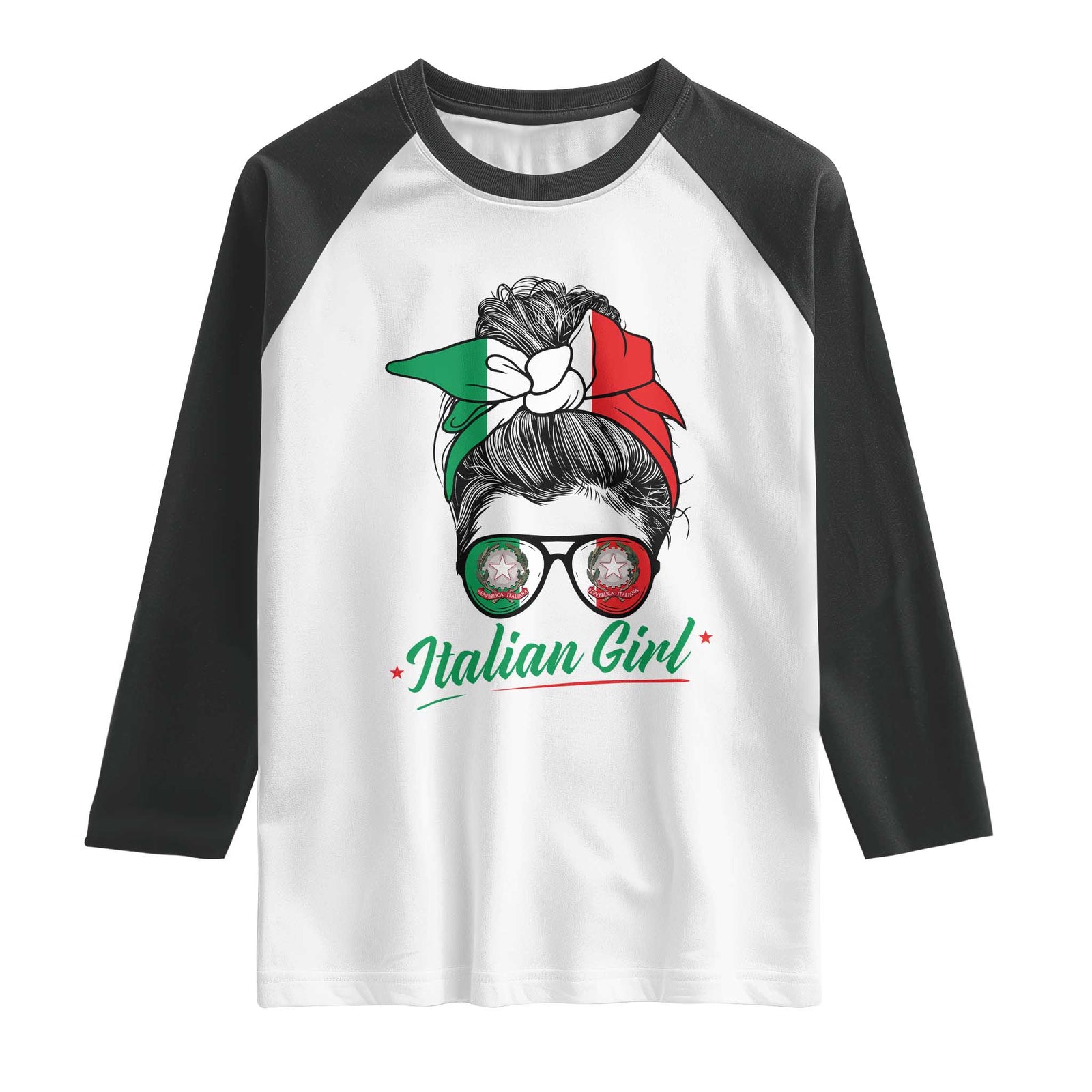 Proud Italian Girl Patriotic Italy Flag Messy Bun Raglan Shirt