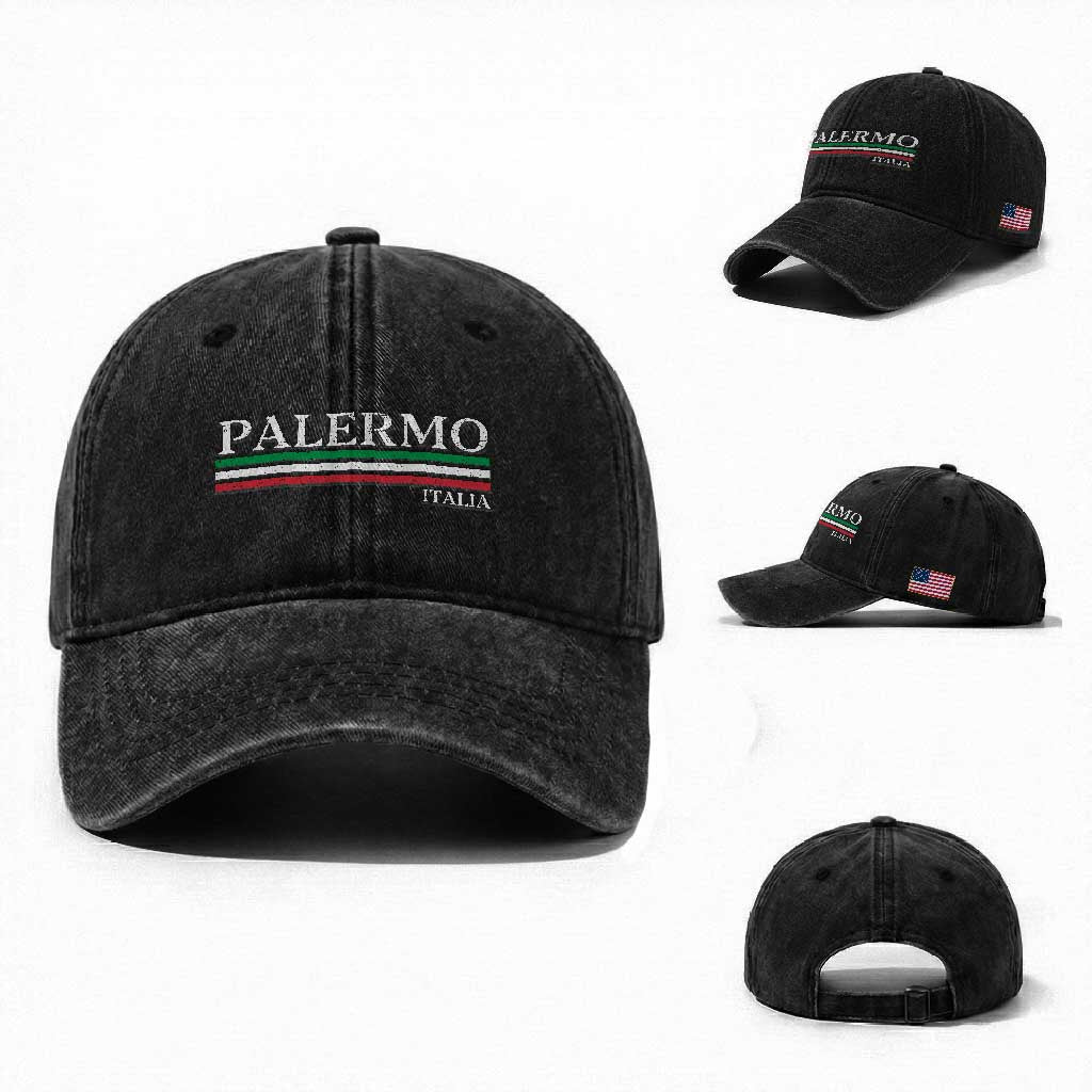 Palermo Sicily Italian Flag Souvenirs Sicilia Italia Washed Cotton Baseball Cap TS11 Washed Cap Universal Fit Black Print Your Wear