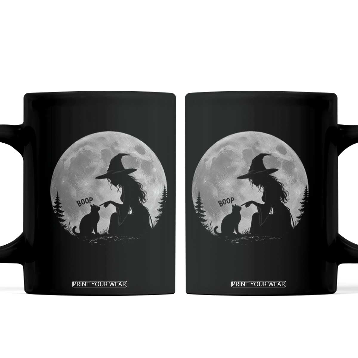 Funny Witch Boop Cat Nose Under Full Moon Halloween Coffee Mug