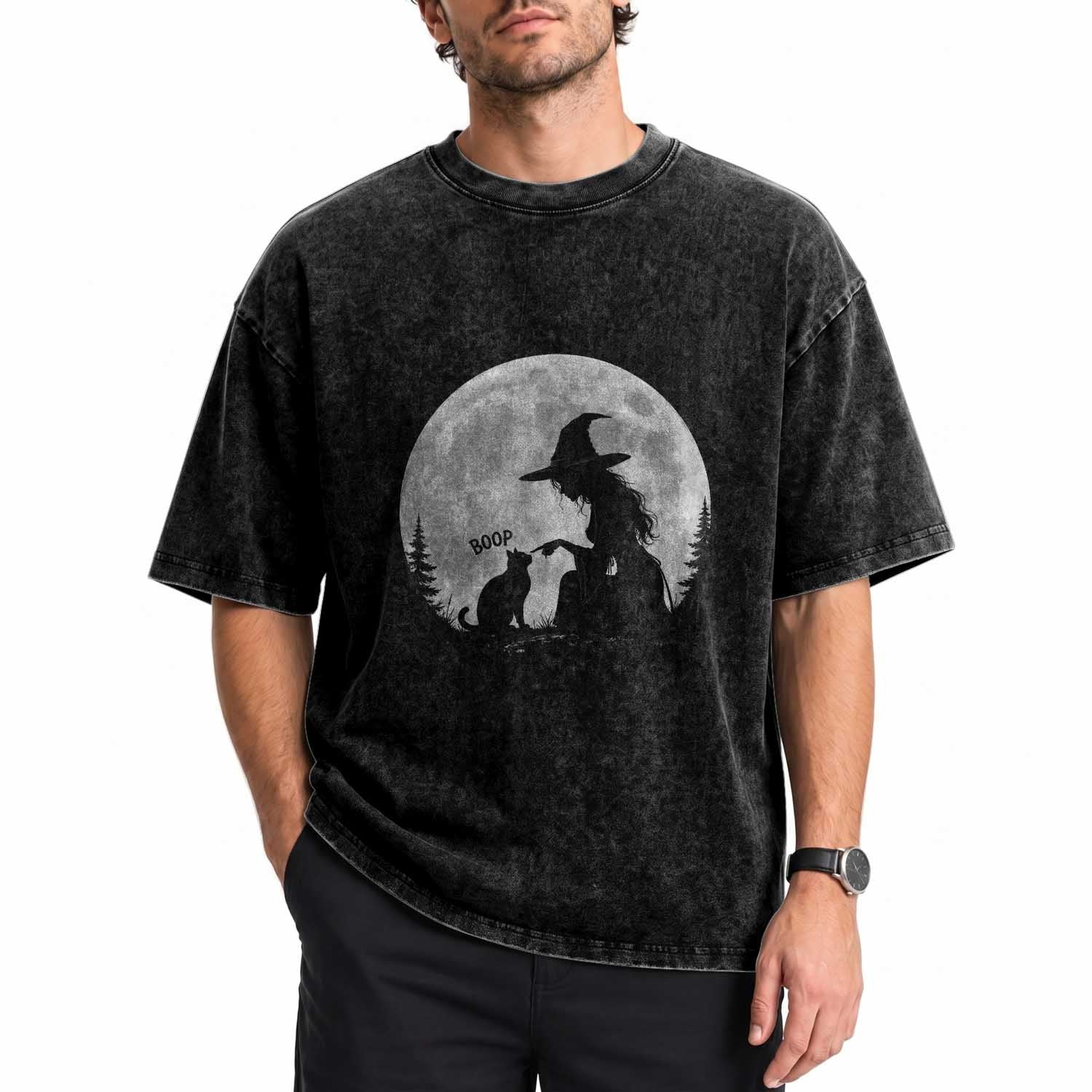 Funny Witch Boop Cat Nose Under Full Moon Halloween Washed Cotton T-Shirt