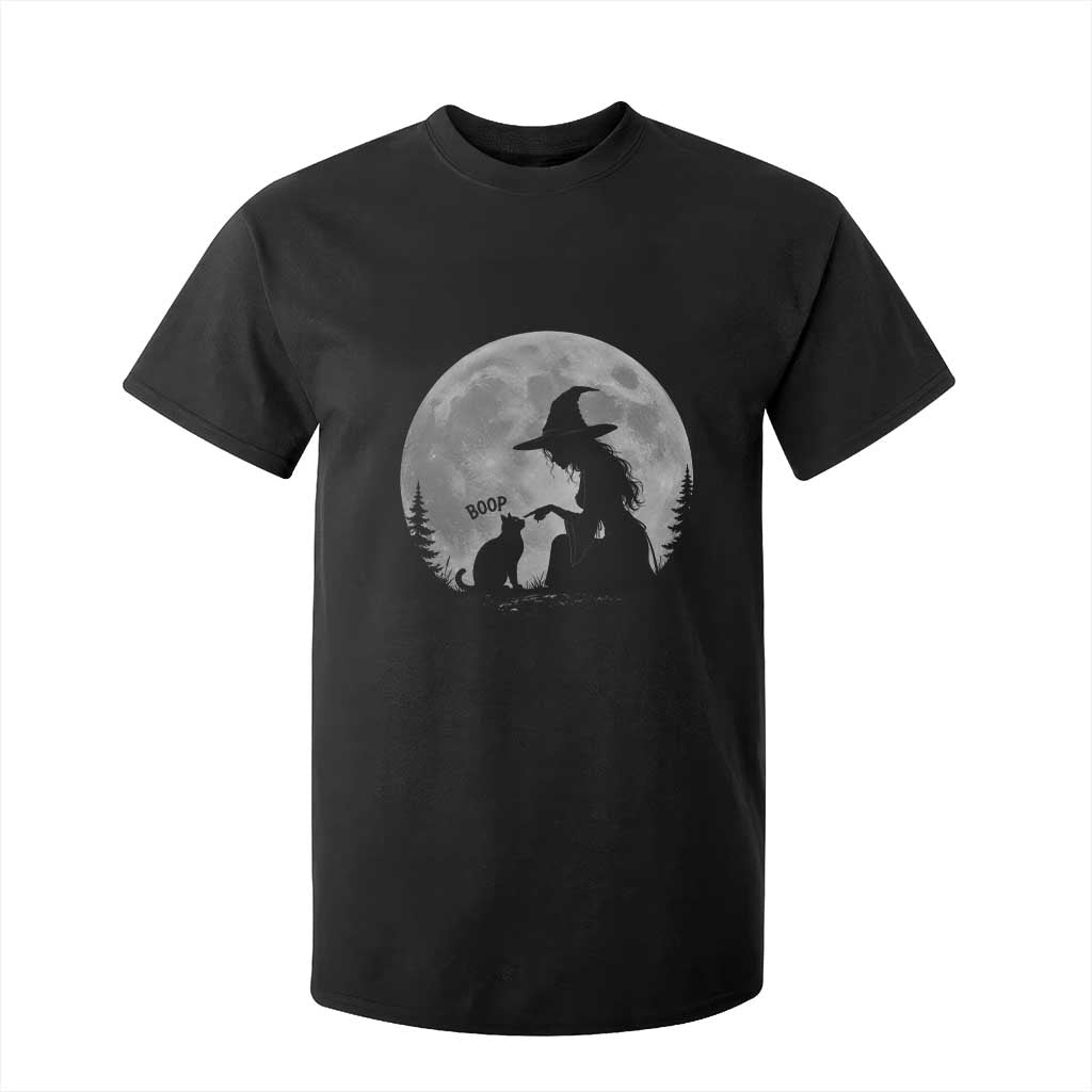 Funny Witch Boop Cat Nose Under Full Moon Halloween T Shirt For Kid