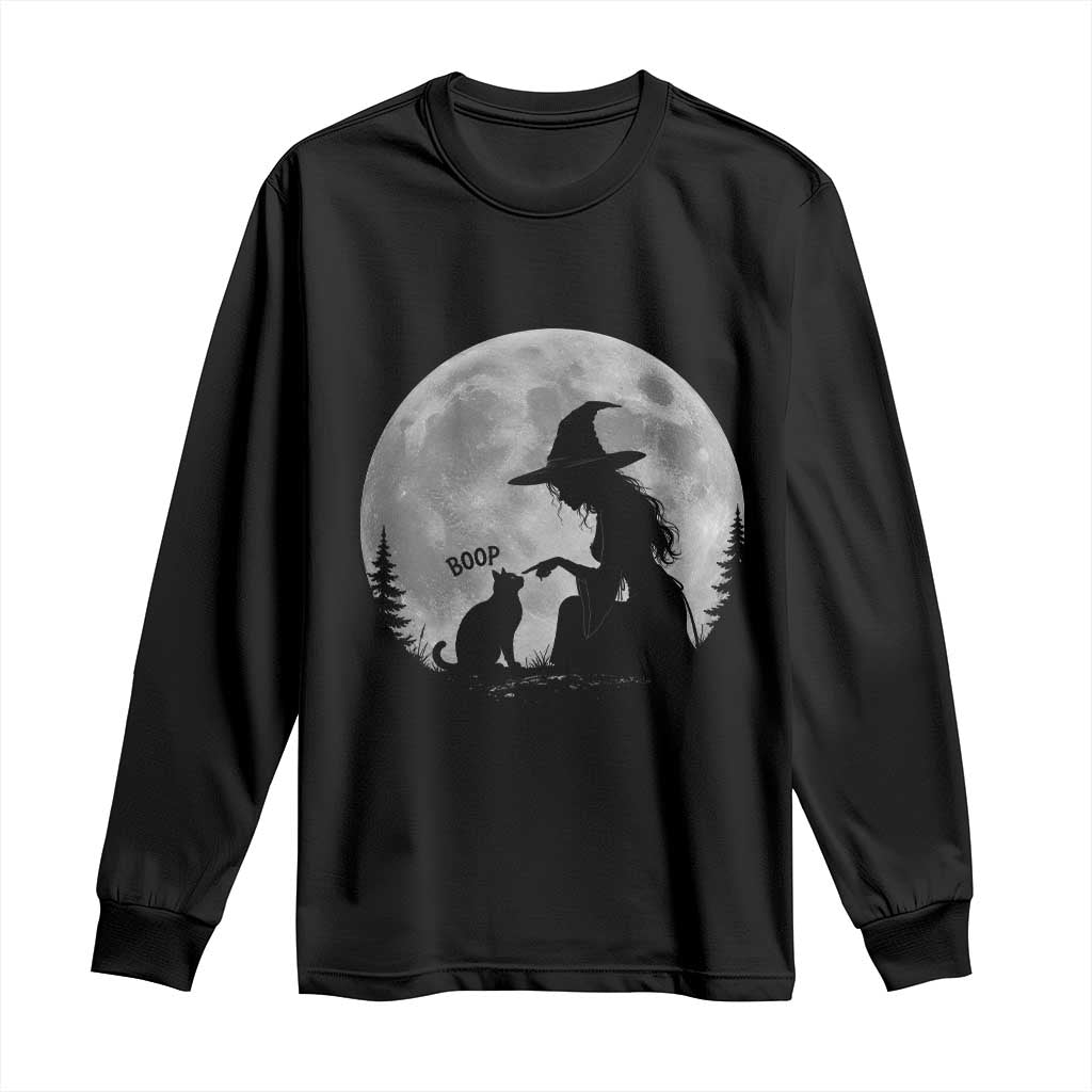 Funny Witch Boop Cat Nose Under Full Moon Halloween Long Sleeve Shirt