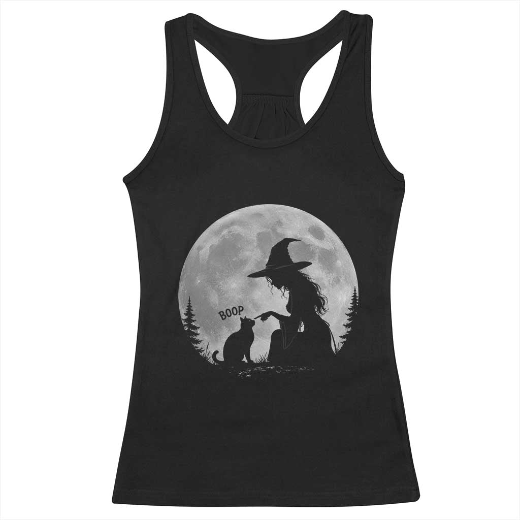 Funny Witch Boop Cat Nose Under Full Moon Halloween Racerback Tank Top