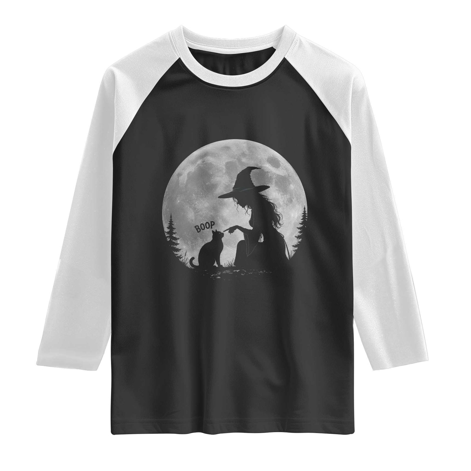 Funny Witch Boop Cat Nose Under Full Moon Halloween Raglan Shirt
