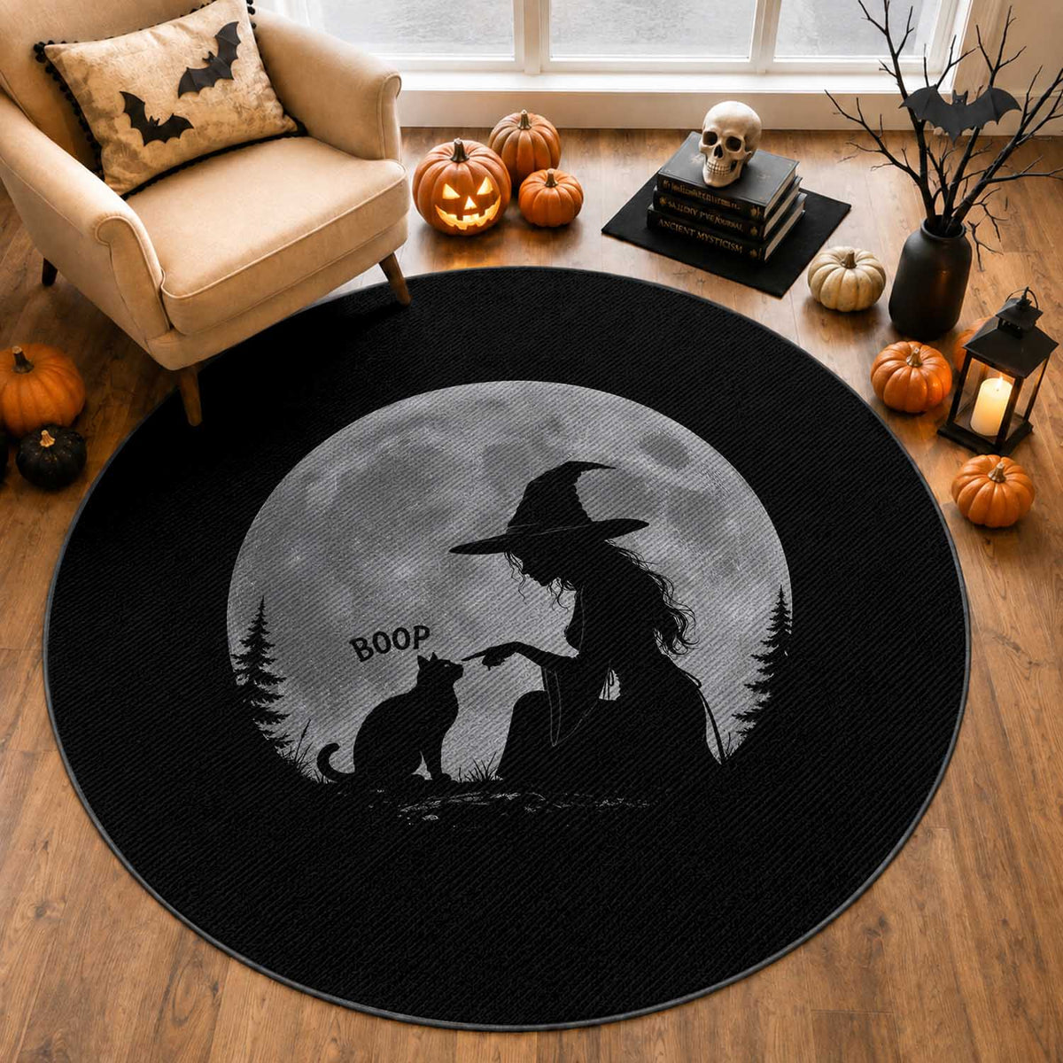 Funny Witch Boop Cat Nose Under Full Moon Halloween Round Rug