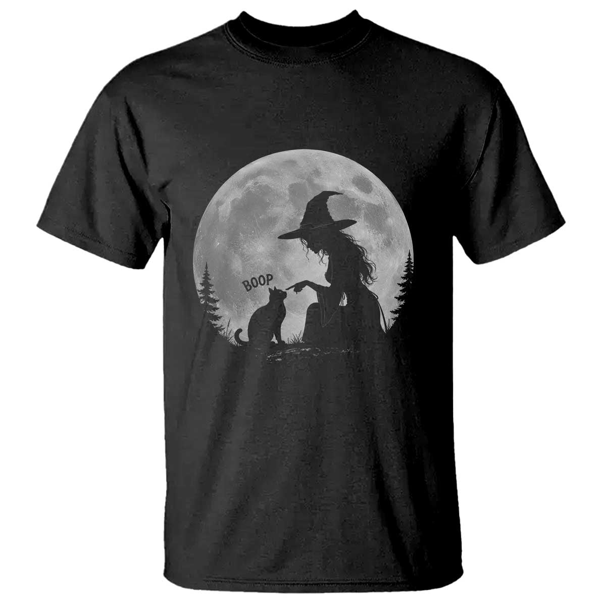Funny Witch Boop Cat Nose Under Full Moon Halloween T Shirt