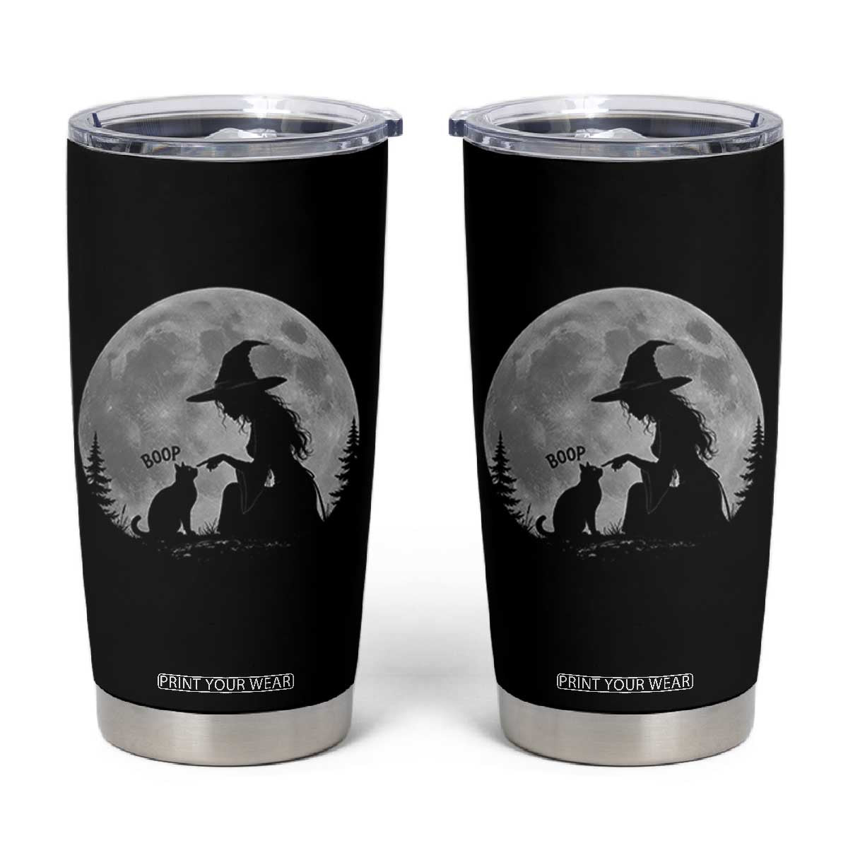 Funny Witch Boop Cat Nose Under Full Moon Halloween Tumbler Cup