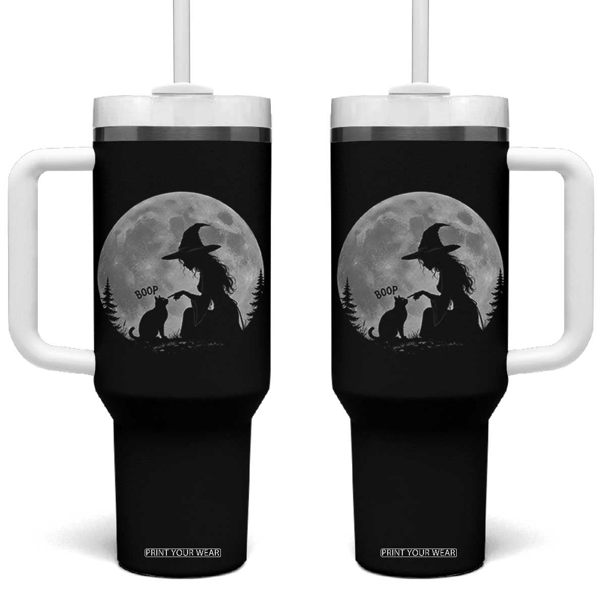 Funny Witch Boop Cat Nose Under Full Moon Halloween Tumbler With Handle