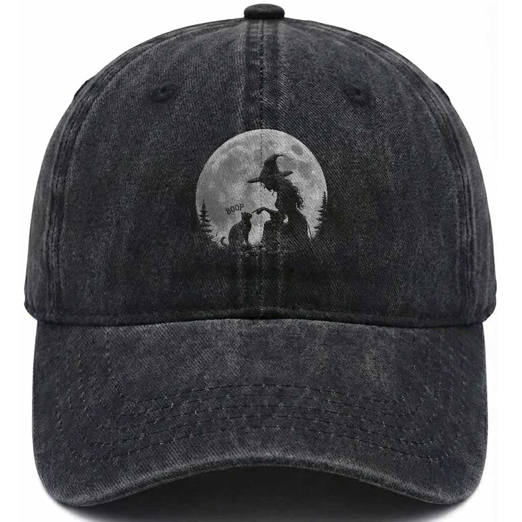 Funny Witch Boop Cat Nose Under Full Moon Halloween Washed Cotton Baseball Cap