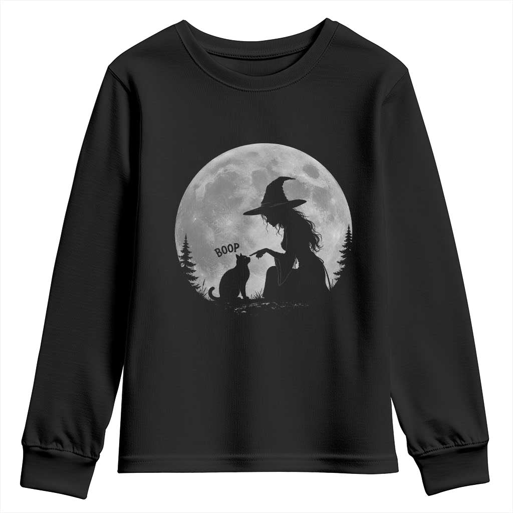 Funny Witch Boop Cat Nose Under Full Moon Halloween Youth Sweatshirt